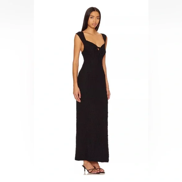 Free People Eleni Bodycon Maxi Dress Size M Black Smocked Side Slit - Picture 7 of 14